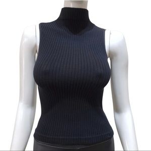 Ribbed-Knit Sleeveless Mock Neck Tank Top - Black